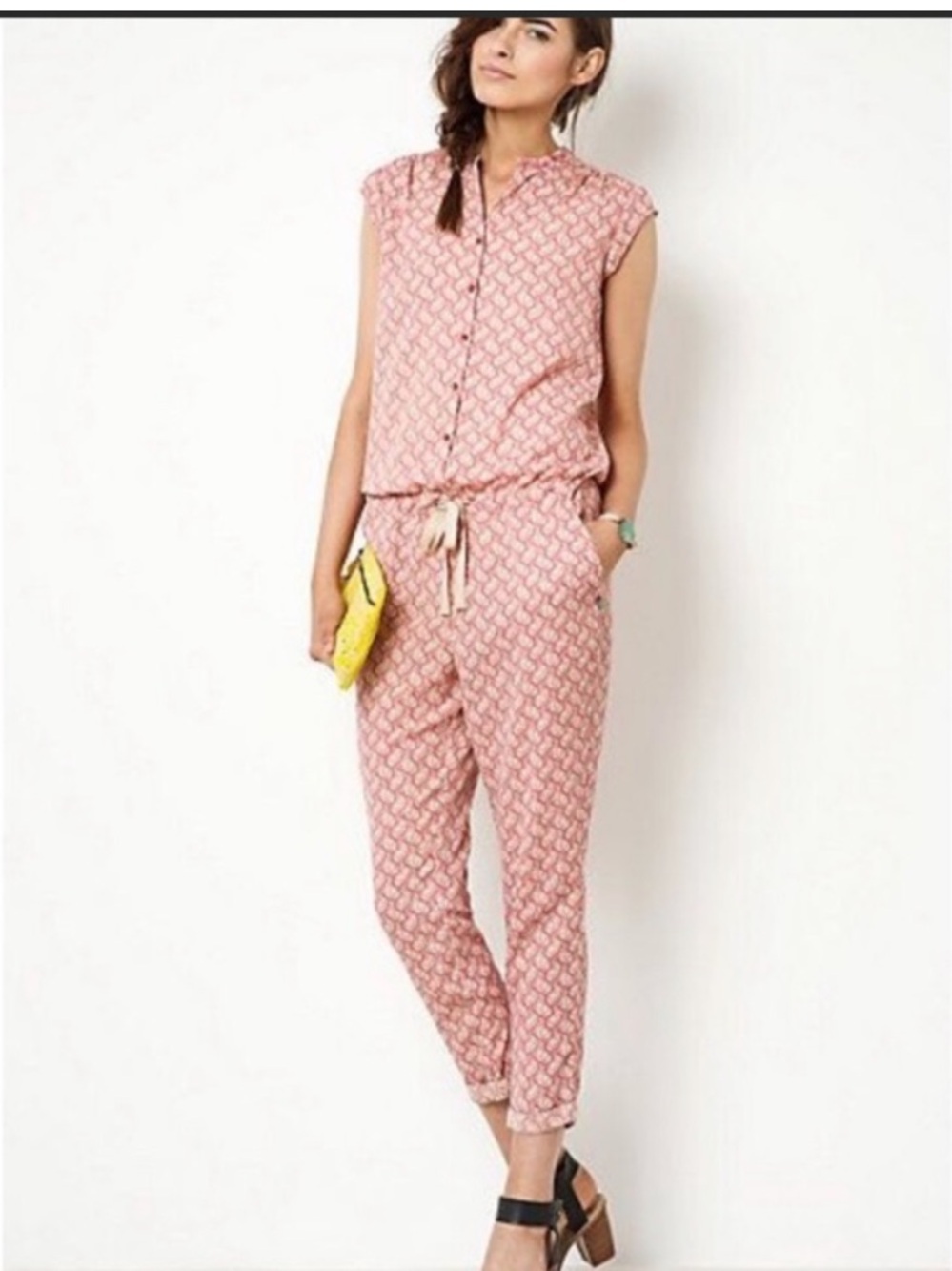 Scotch & Soda Pink Printed Cap-Sleeve Jumpsuit with Drawstring